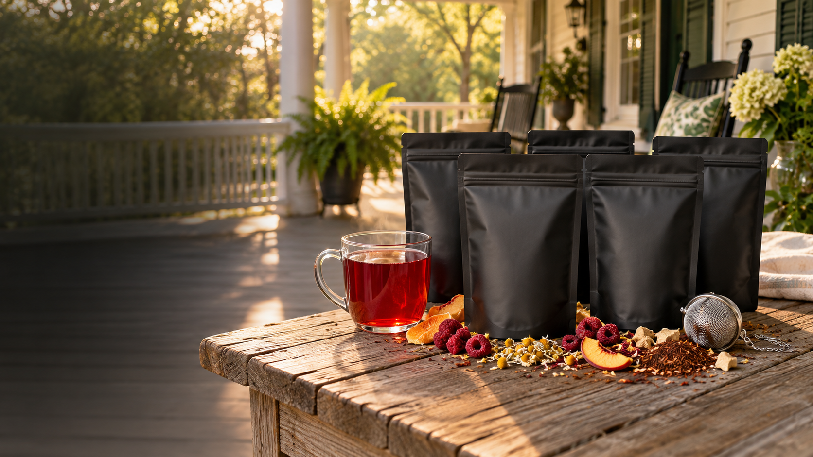 Five matte black tea pouches and a glass of herbal tea on a Southern porch table