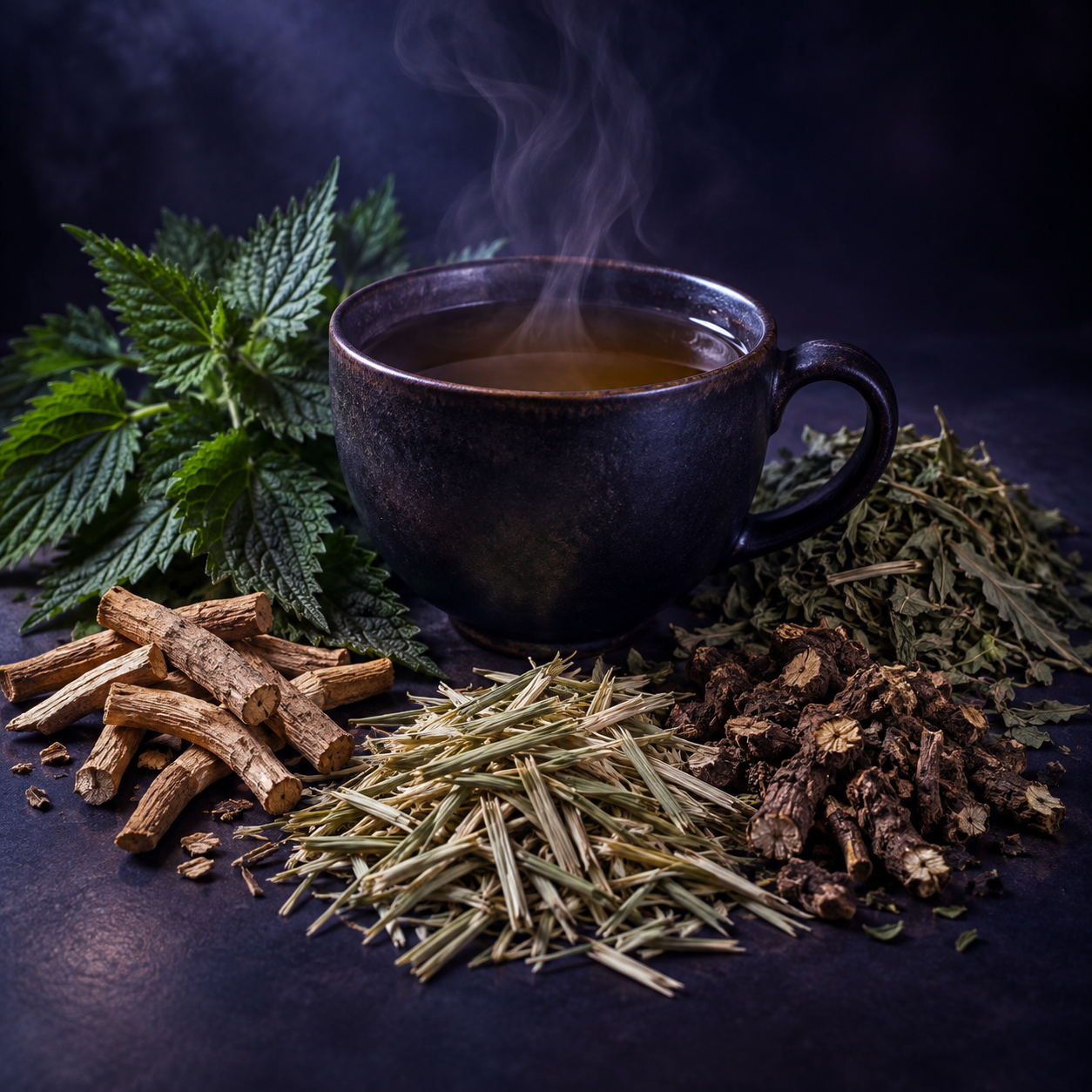 Moonlight Reset herbal tea with its featured ingredients